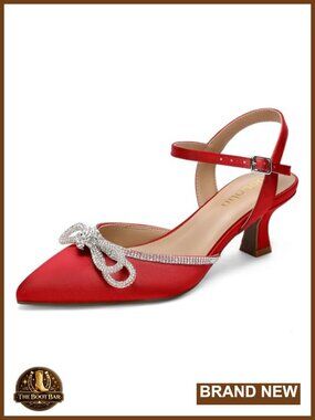 Wide Width Kitten Heels Rhinestone Bow Pointed Toe Pumps Satin Ankle Strap